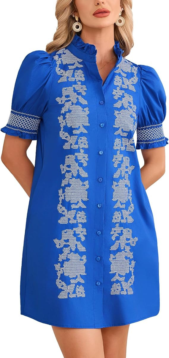 YEXPINE Women's Embroidered Mini Dress Short Puff Sleeve Button Down Cotton Shift Dress Casual Su... | Amazon (US)
