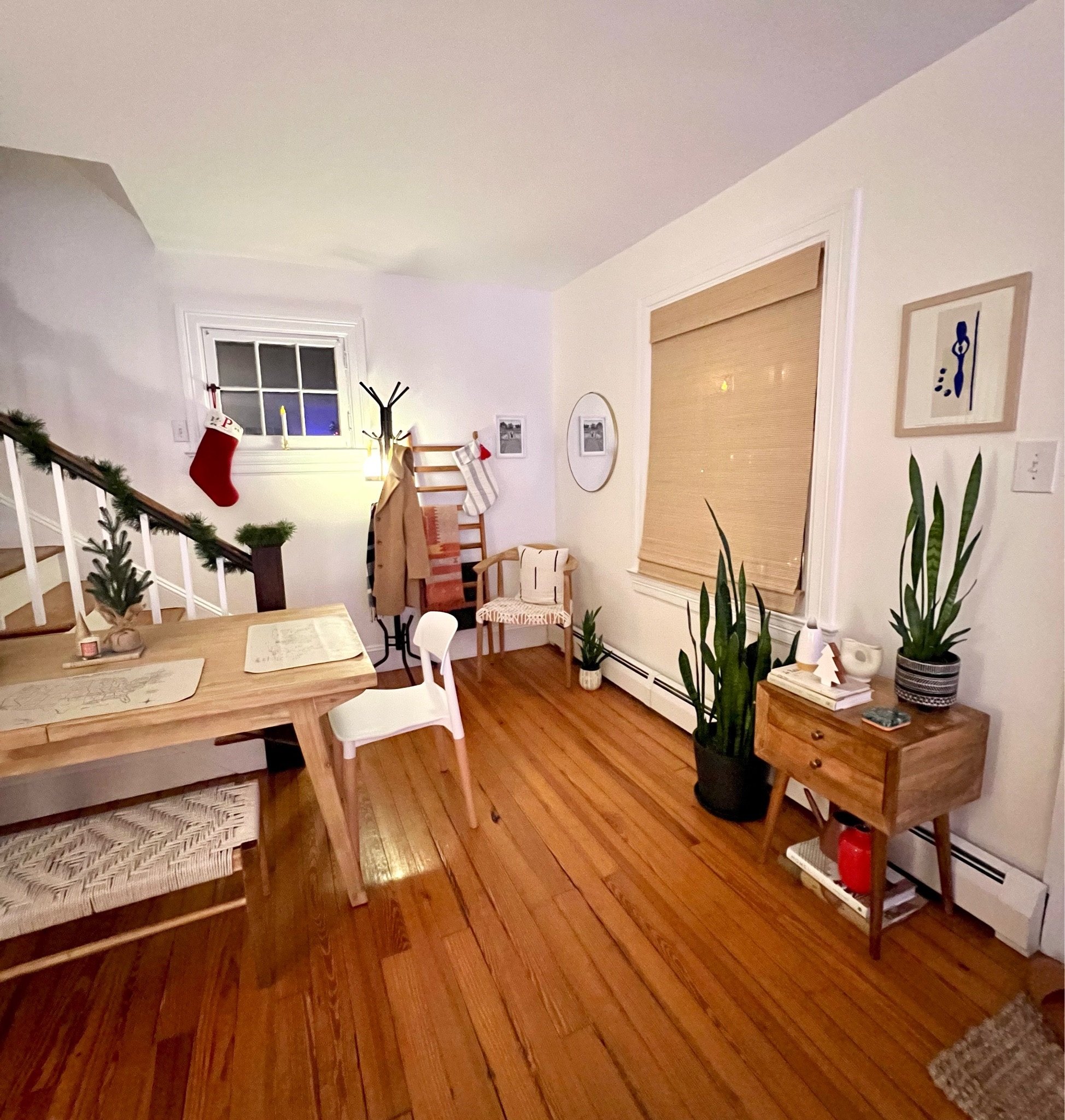 Dining room corner evening view. Wish I could link the table but it’s not on LTK; GATHRE mats, woven bench from Target, snake plants, round gold mirror, modern dining chairs (and yes, these are kid friendly/wipe down). 

#LTKhome #LTKCyberweek #LTKGiftGuide
