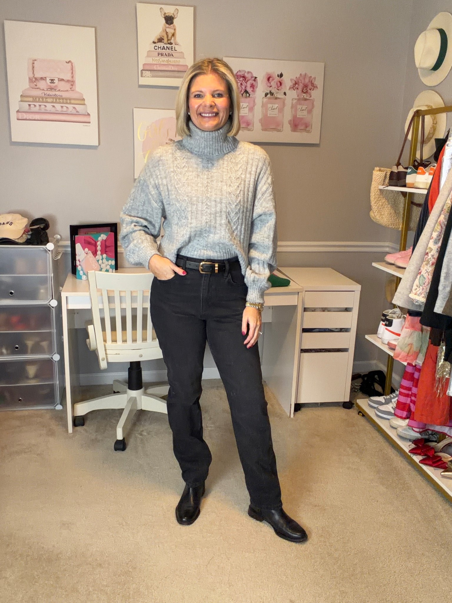 Straight leg high rise black denim jeans TTS
Grey cropped turtleneck sweater
Black booties 

#LTKMidsize #LTKWorkwear #LTKgrwm