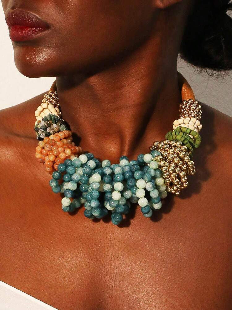 1pc Bohemian Style Handmade Beaded Crackle Crystal Exaggerated Necklace, Suitable For Women's Par... | SHEIN