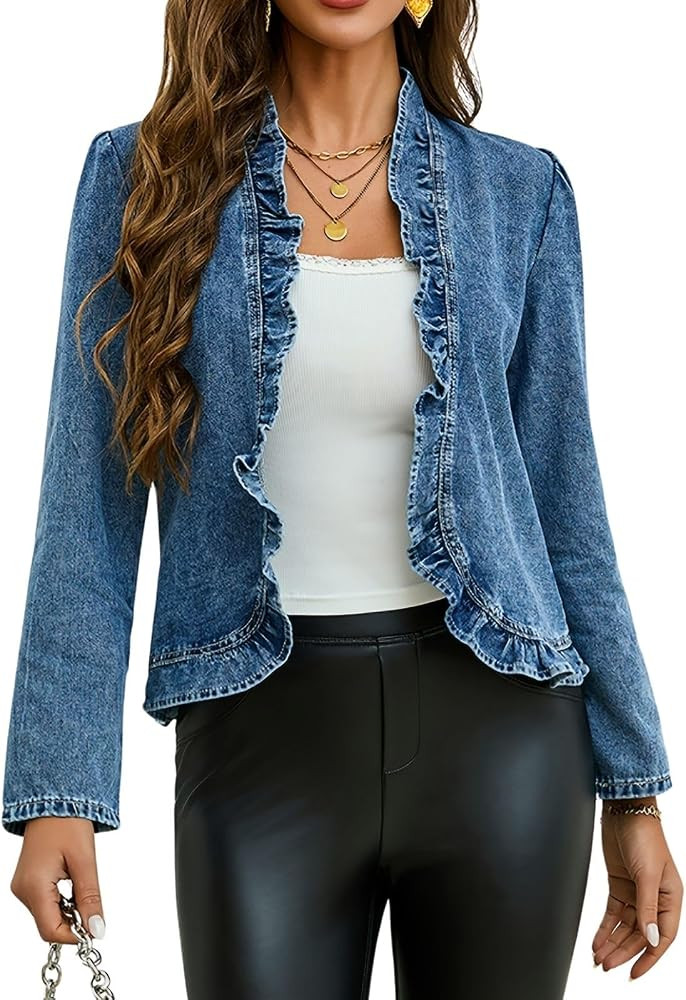 Women's Ruffled Denim Jackets Long Sleeve Open Front Jean Cropped Top Coat 2026 Trendy Jean Jacke... | Amazon (US)