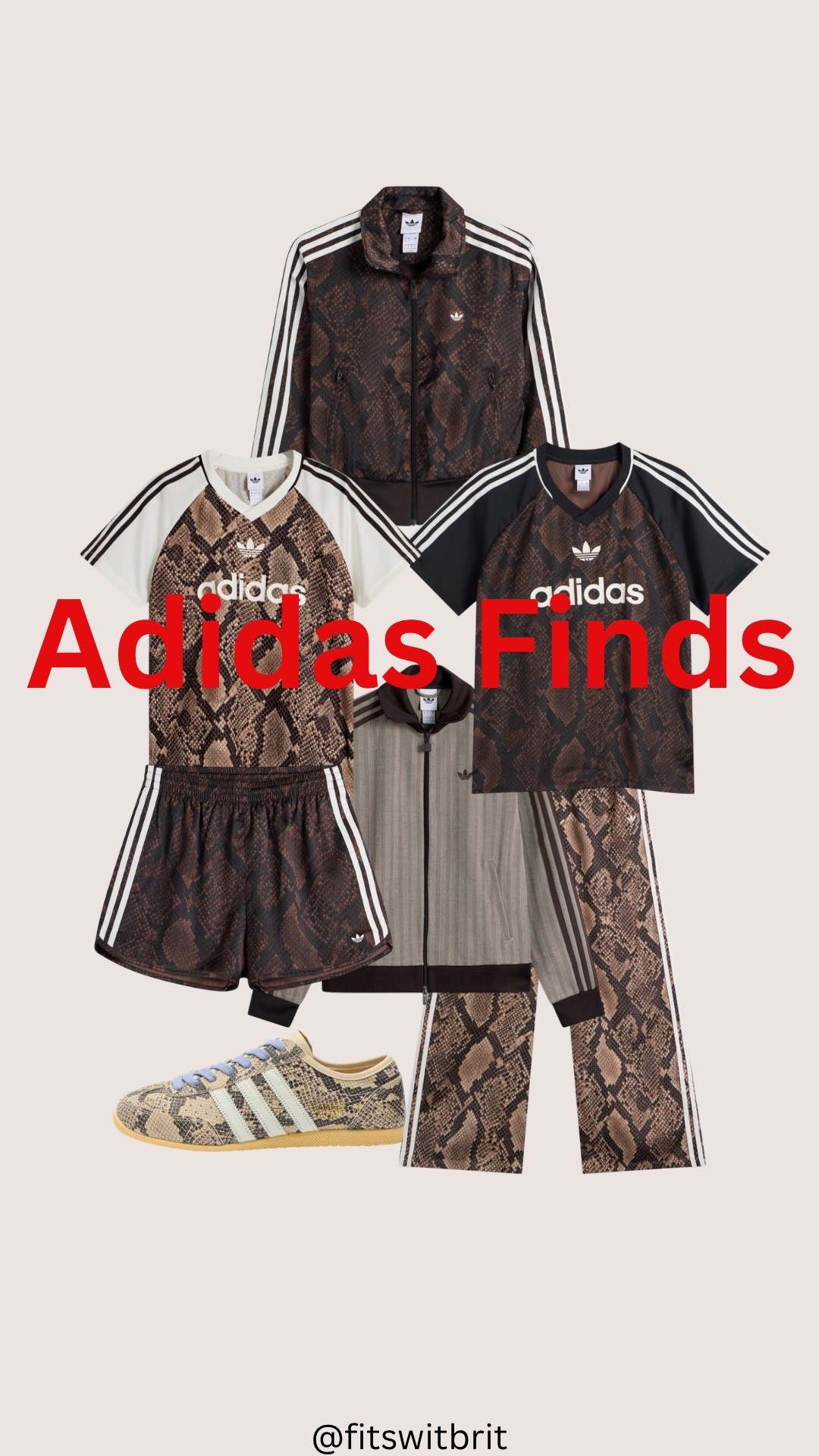 Adidas Finds. 

Snake print jersey, snake print shorts, snake print track pants, snake print Tokyo sneakers, pinstriped track jacket, snake print track jacket.