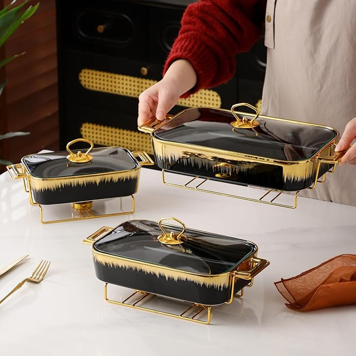Ceramics Chafing Dishes for Buffet,Gold Chafer with Imitation Marble Finish, Chafers and Buffet W... | Amazon (US)