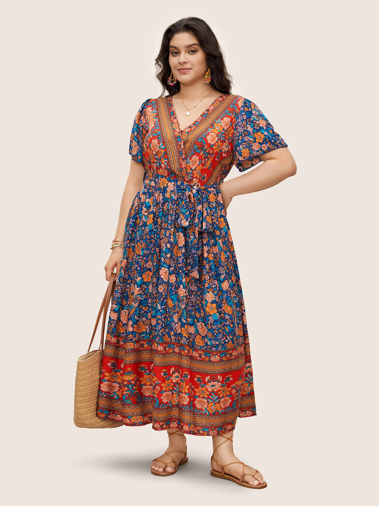 Bandana Surplice Neck Pocket Belted Flutter Hem Maxi Dress | Bloomchic