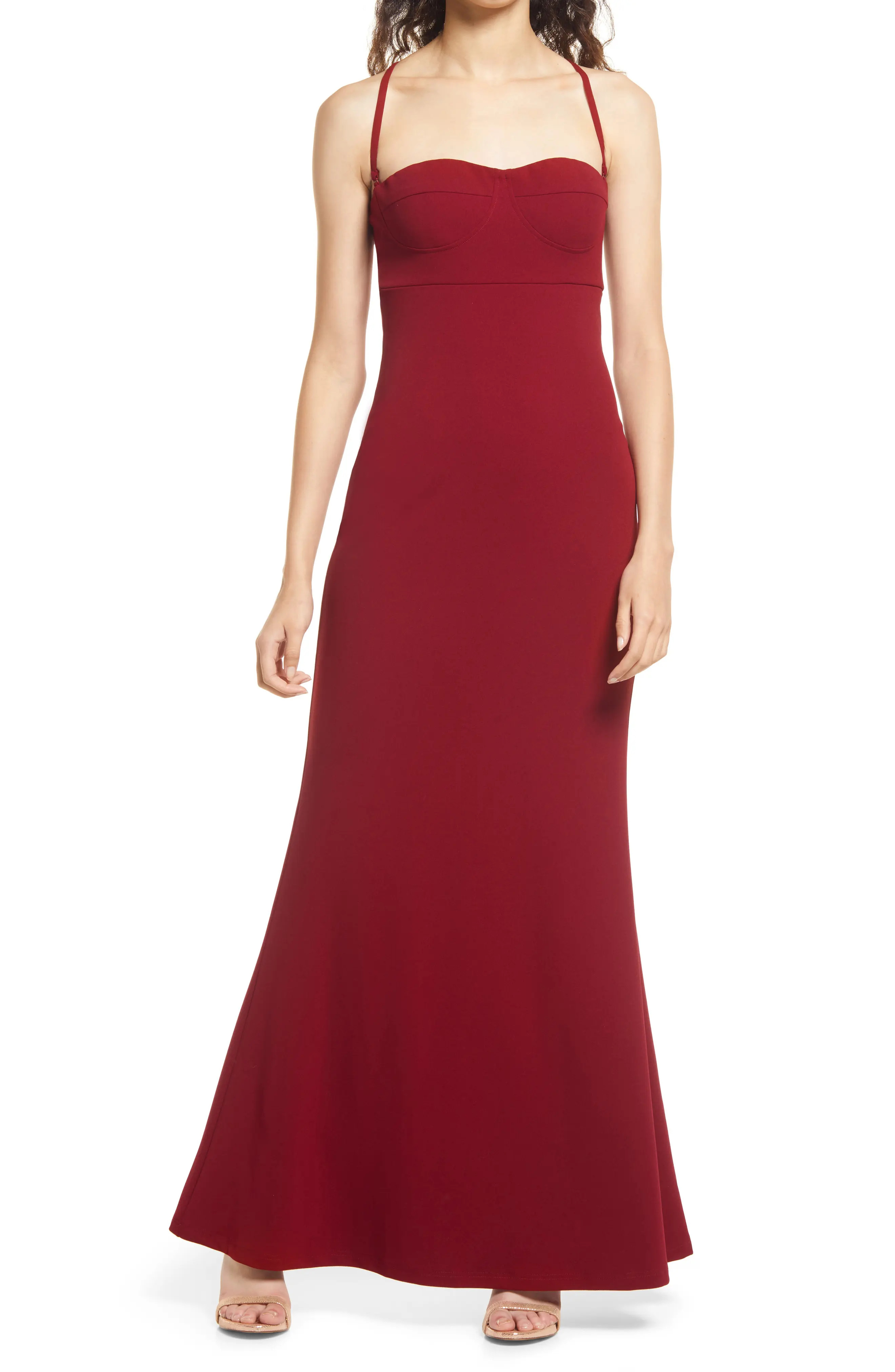 Lulus Best of My Love Bustier Cross Back Maxi Dress in Burgundy at Nordstrom, Size X-Large | Nordstrom