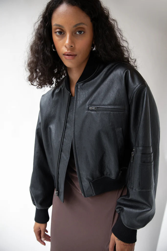 CROPPED VEGAN LEATHER BOMBER JACKET | OAK + FORT