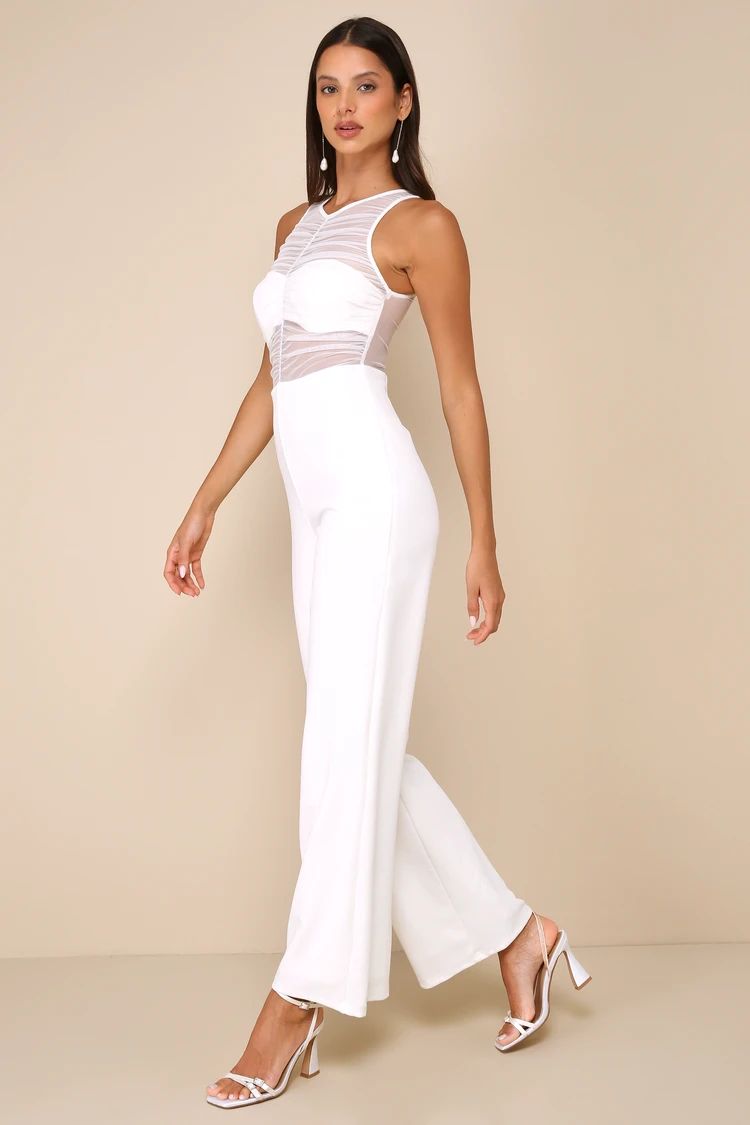 Sultry Charisma White Mesh Ruched Sleeveless Wide Leg Jumpsuit | Lulus