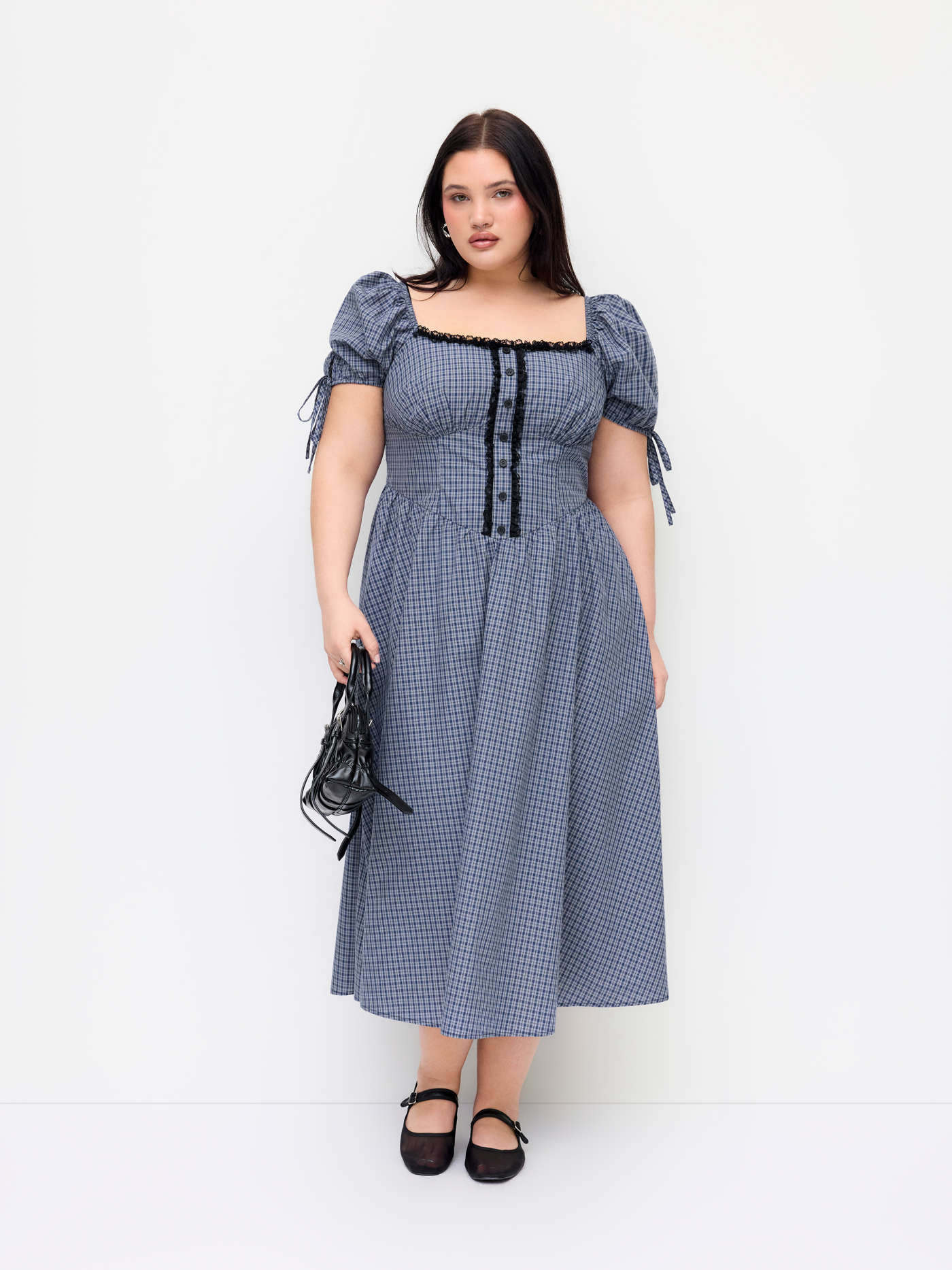 Woven Cotton Plaid Square Neck Knotted Lace Trim Puff Sleeve Midi Dress Curve & Plus For Daily Ca... | Cider