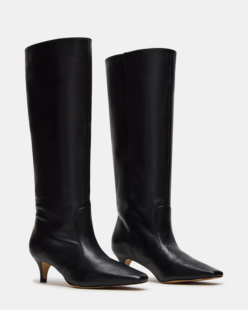 LANDER Black Leather Knee-High Kitten Heel Boot | Women's Boots | Steve Madden (US)
