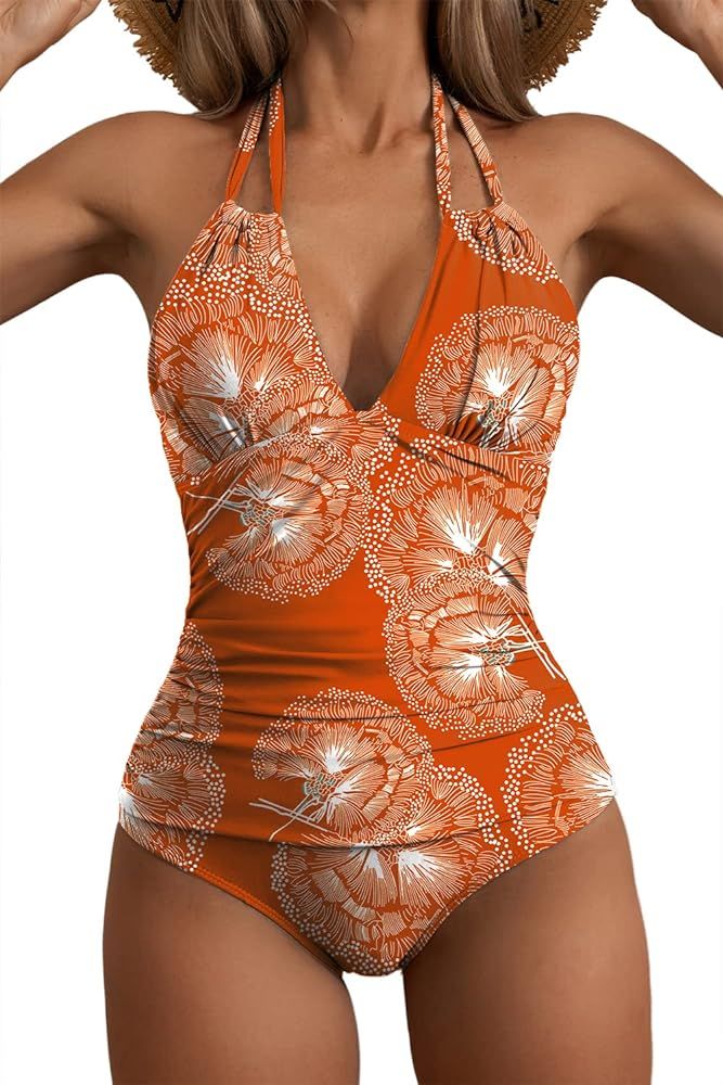 Eomenie Women's One Piece Swimsuits Tummy Control Halter Slimming Bathing Suit Plunge 1 Piece Swi... | Amazon (US)
