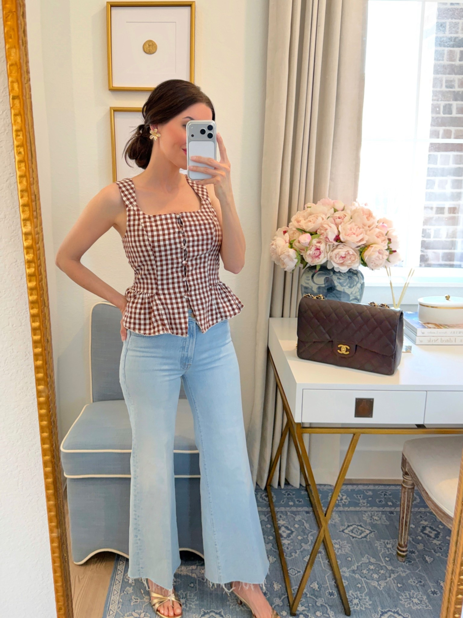 NEW ✨ MOTHER JEANS ✨ and the cutest brown gingham top under $30!🤎 wearing size 24 in jeans and small in top ✨ spring outfit idea target finds Nordstrom mother denim wide leg jeans mother hustler light wash jeans 