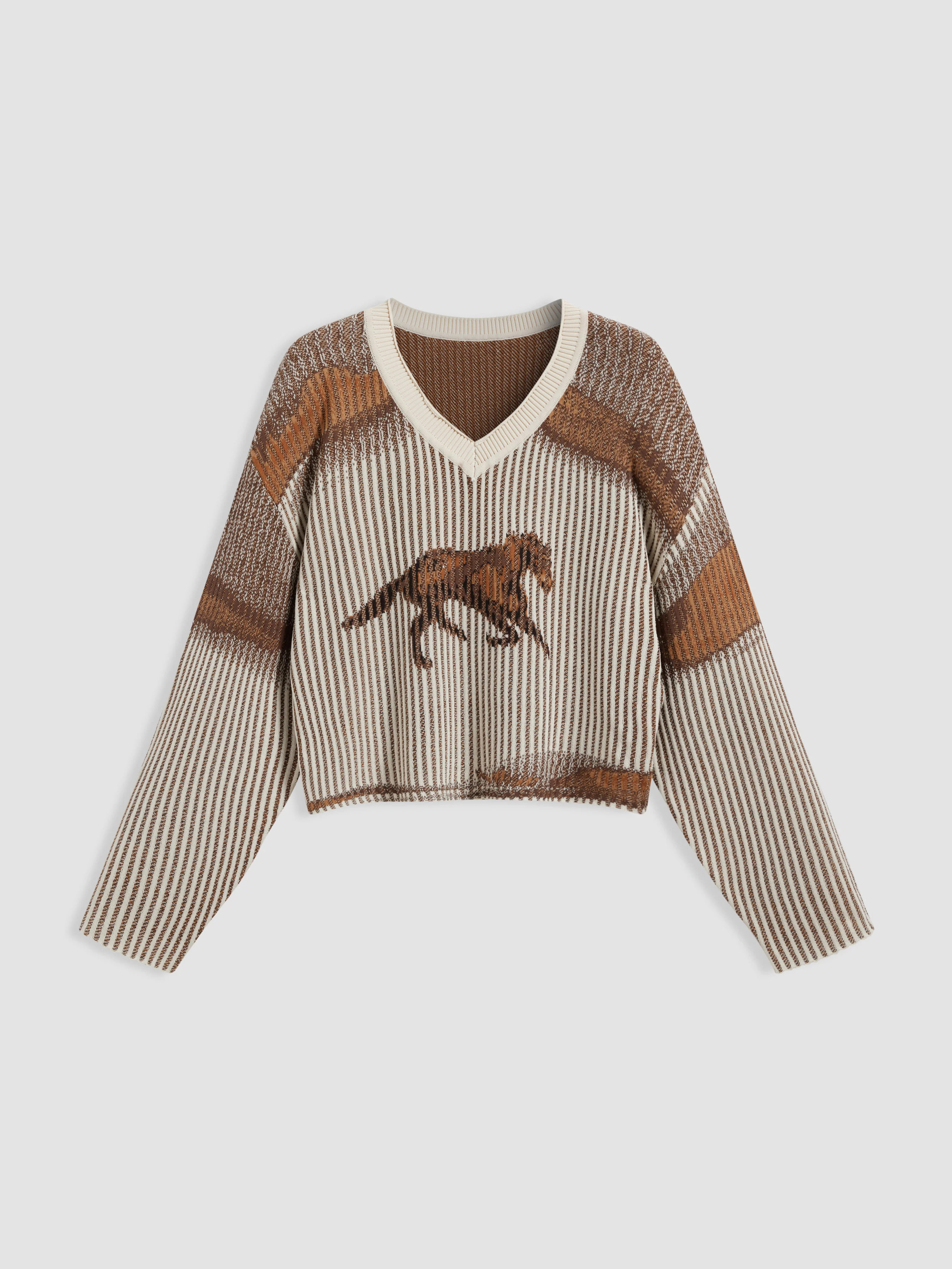 Knit Fabric Knitted V-neck Horse Stripe Long Sleeve Top For School | Cider