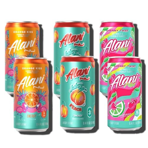 NEW Alani Mini Energy Drinks, Cherry Twist, Juicy Peach, Orange Kiss Variety Pack, Sugar Free, Low Calorie, 8.4oz Cans (6 pack) | Amazon (US)
