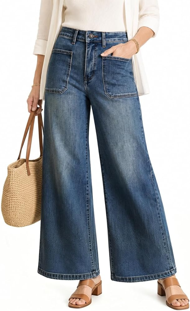 Women's high Waisted Loose Stretchy Jeans Wide Leg Tummy Control Straight Leg Denim Pants Trendy ... | Amazon (US)
