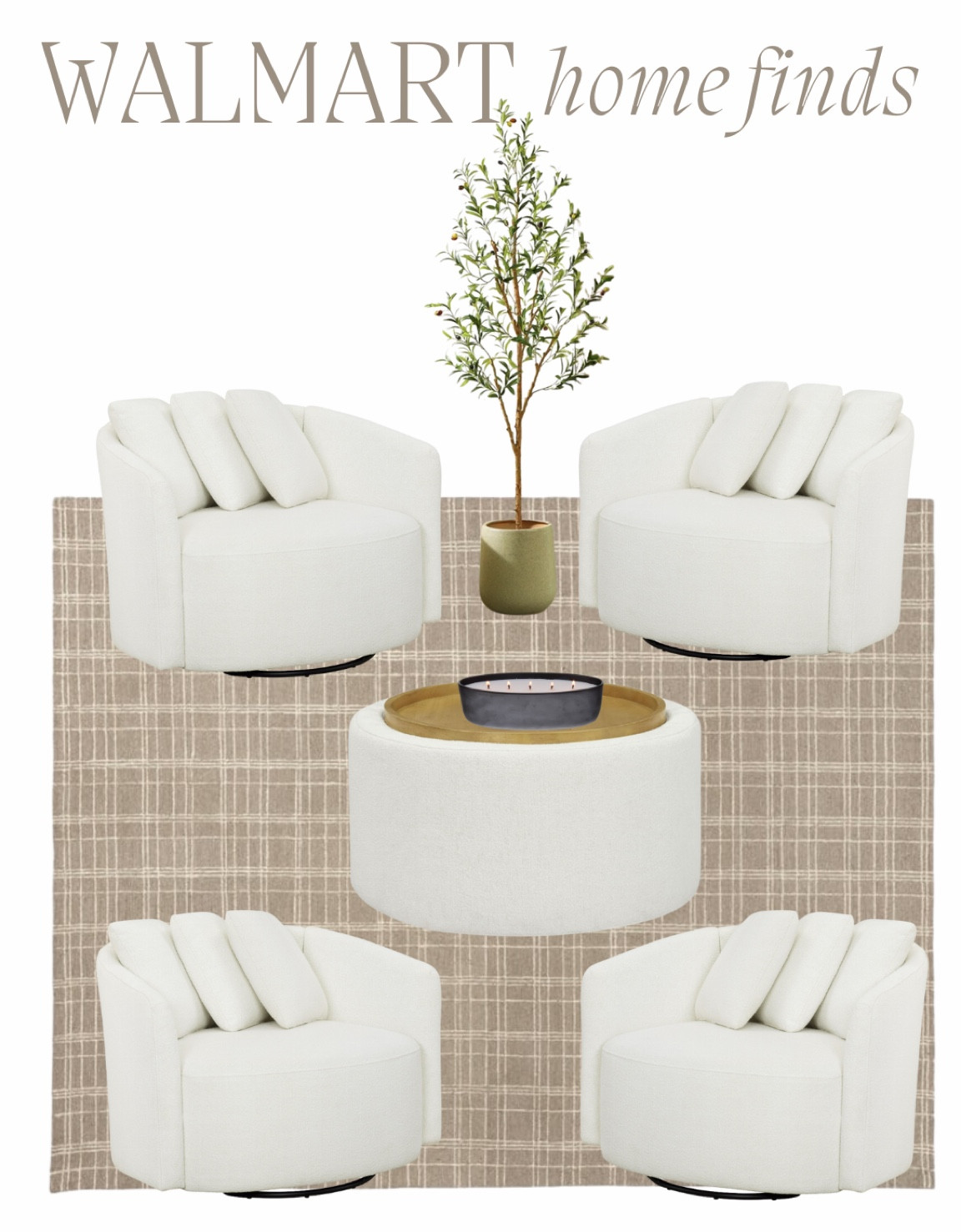 Walmart cozy sitting area

The chair are oversized and swivel and come in three colors.

The ottoman/table has storage underneath, 3 color options 

The rug comes in 4 colors and two sizes 

The oversized candle comes in 4 scent/color options 

The olive tree is on sale! 

#LTKHome #LTKFamily #LTKStyleTip