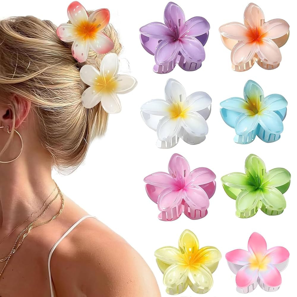 Flower Claw Clips,8PCS Hair Clips, Hawaiian Flower Clips,Strong Hold Big Hair Claw Clips for Thic... | Amazon (UK)