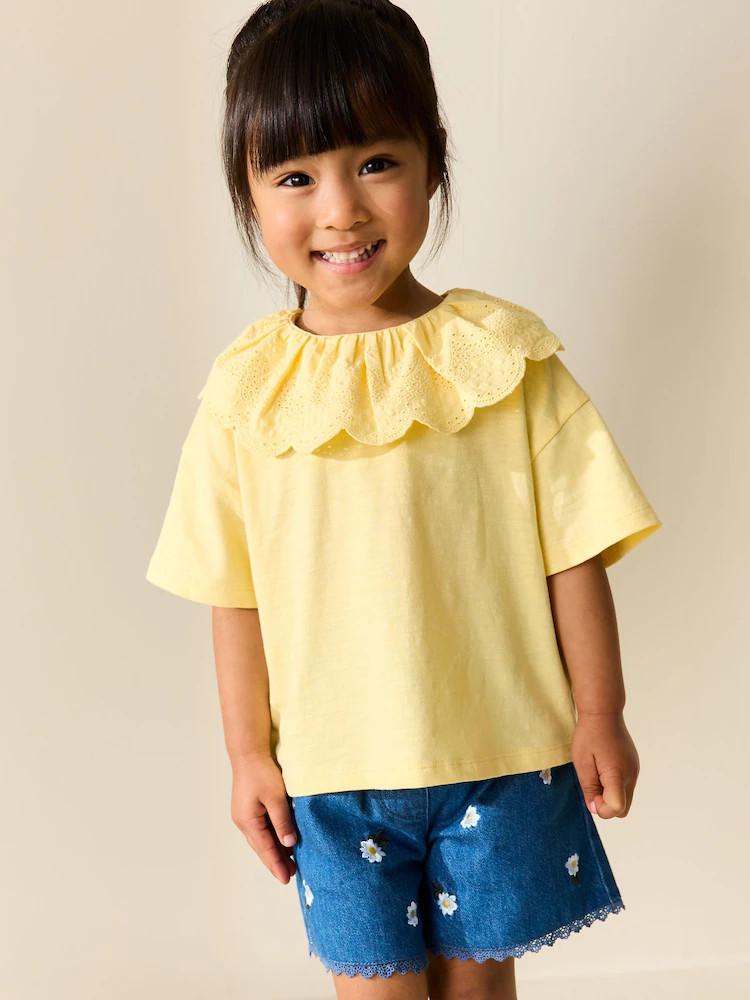 Yellow Short Sleeve Broderie Collar Top (3mths-7yrs) | Next US