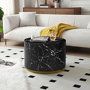 LyuHome Black Coffee Table with Gold Rim Bottom for Living Room, Modern Round Gold Drum Coffee Ta... | Amazon (US)