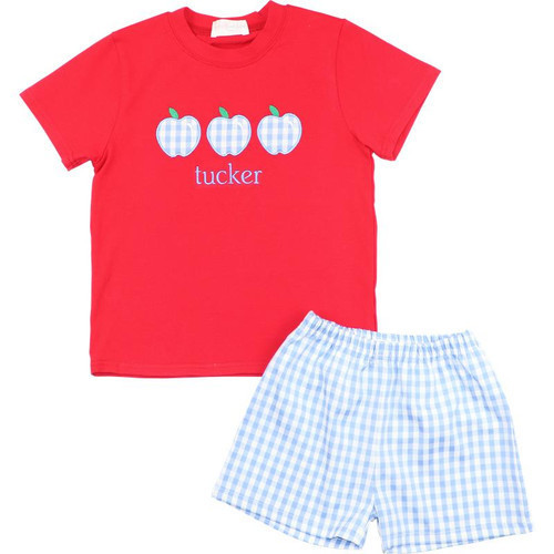 Red And Blue Check Applique Apples Short Set | Cecil and Lou