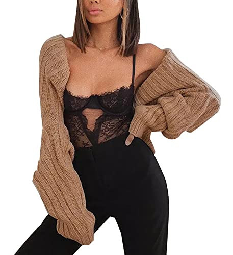 Sdencin Women Open Front Knit Crop Cardigan Long Sleeve Drop Shoulder Shrug Ribbed Knit Cropped Sweater Tops Outerwear Khaki | Amazon (US)