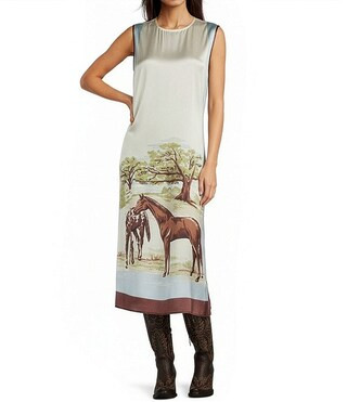 Horse Sense Silk Printed Scoop Neck Sleeveless A-Line Midi Dress | Dillard's