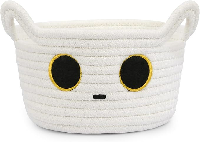 Small Storage Cute White Cat Cotton Rope Woven Basket for Nursery, Blanket Basket Organizer With ... | Amazon (US)