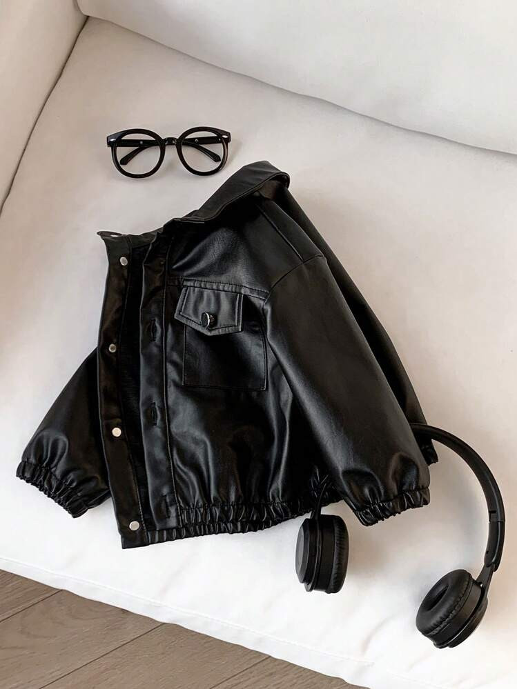 SHEIN Unisex Baby Casual & Versatile Solid Color Faux Leather Long Sleeve Cardigan | SHEIN