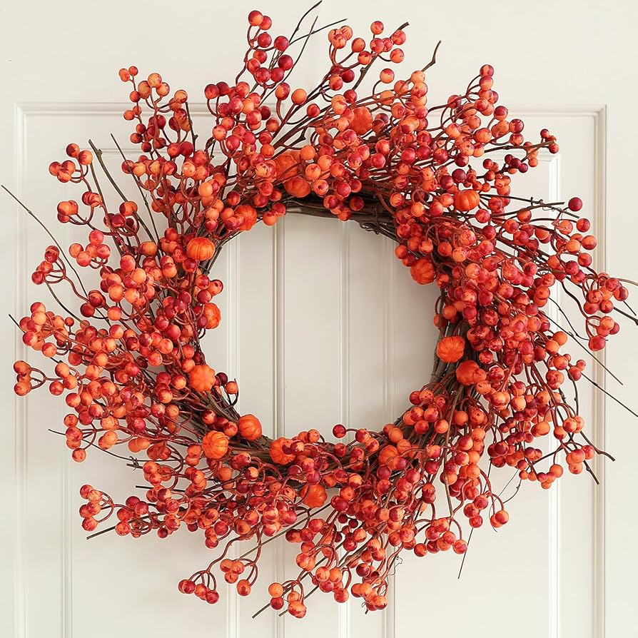 Fall Wreaths with Little Pumpkins & Berries, 20-22 Inch Harvest Thanksgiving Wreath, Farmhouse Fa... | Amazon (US)