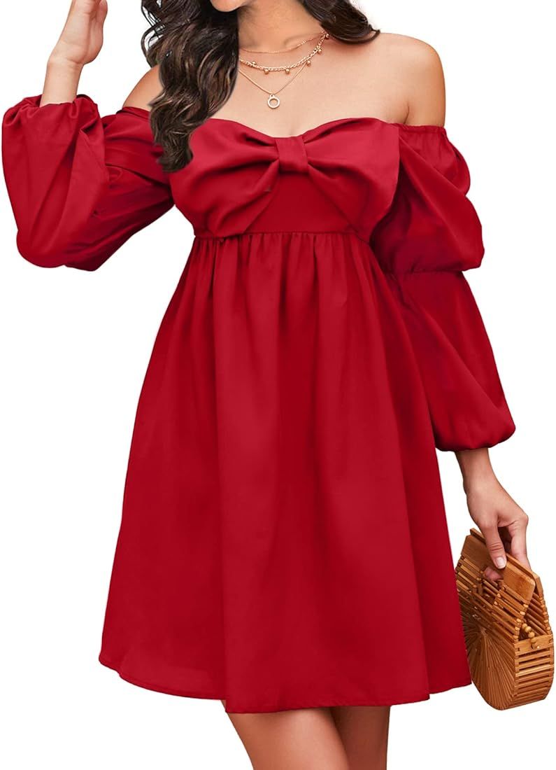 EXLURA Womens Casual Mini Dress Square Bow Neck Long Puff Sleeve Dress Empire Waist Babydoll Wedd... | Amazon (US)