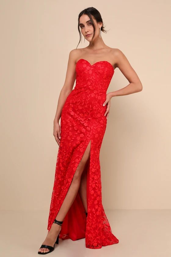 Romantic Beauty Red Floral Embroidered Strapless Maxi Dress | Lulus