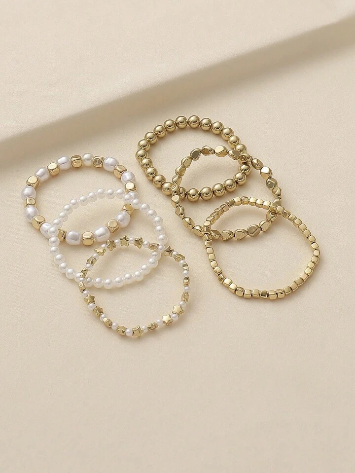 6pcs Fashionable Simple All-Match CCB Material Asymmetrical Beaded Geometric Square Bead Bracelet... | SHEIN