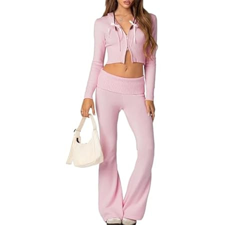 Springrain Women Sweater Sets 2 Piece Lounge Sets Ribbed Zip Hoodie Knitted Outfits | Amazon (US)