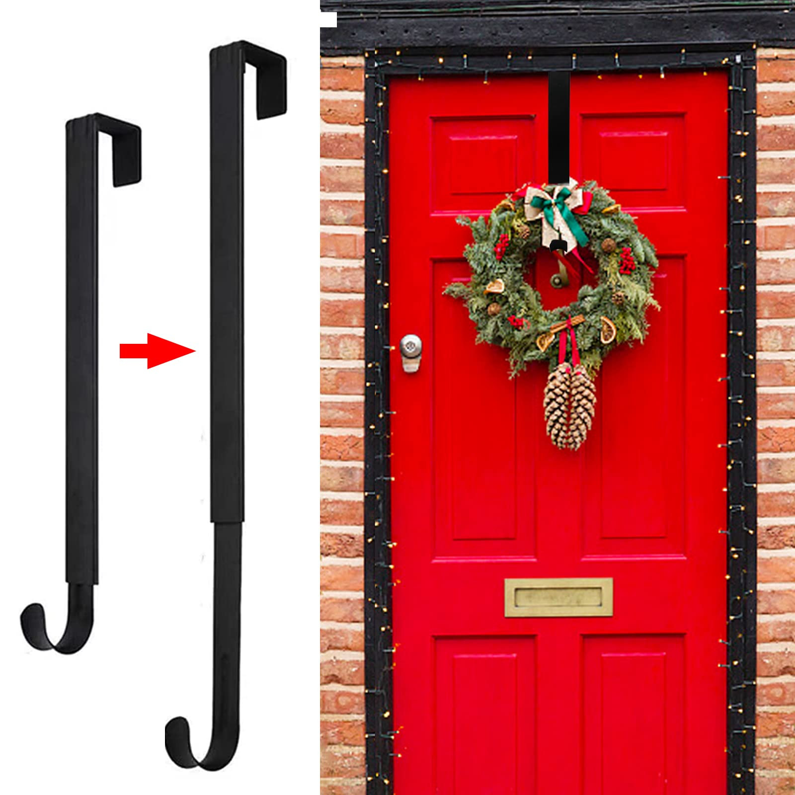 Wreath Hanger for Front Door, Adjustable Wreath Hanger from 15 to 25 Inches Wreath Hanger, 20 lbs Larger Door Upgrade Wreath Hanger Christmas Fall Wreaths Decorations Hook (Black) | Amazon (US)
