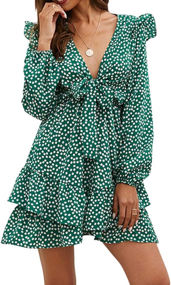 FASHIONMIA Women Bohemian Ruffled Summer Sexy Mini Dress Deep V Neck Backless Casual Chiffon Flowy S | Amazon (US)