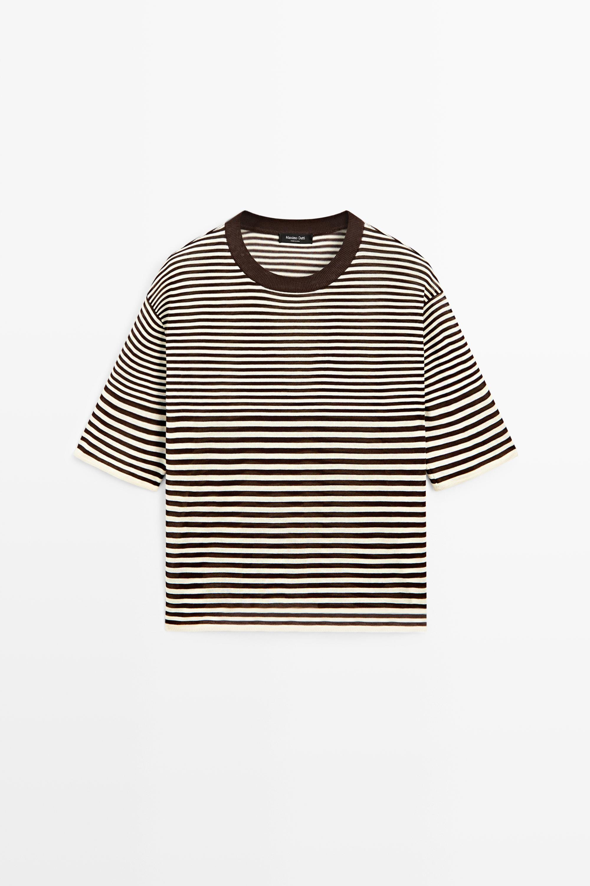 100% cotton short sleeve striped T-shirt - BROWN | Massimo Dutti UK