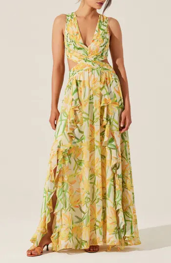 ASTR the Label Noya Floral Pleated Cutout Maxi Dress in Yellow Gre at Nordstrom Rack, Size X-Large | Nordstrom Rack