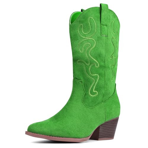 Bandkos Cowboy Boots for Women Cowgirl Mid Calf Western Embroidered Boot Low Chunky Block Heel Fashion Boots Size 8 Light Green | Amazon (US)
