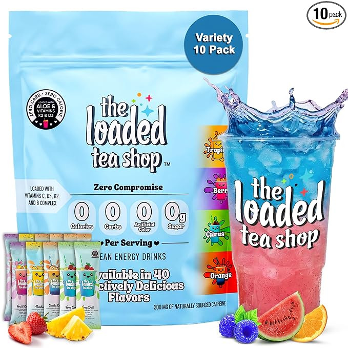 The Loaded Tea Shop Energy Drink Mix Sticks, Variety 10 Pack, Sugar-Free, Zero Calories, 200mg Na... | Amazon (US)