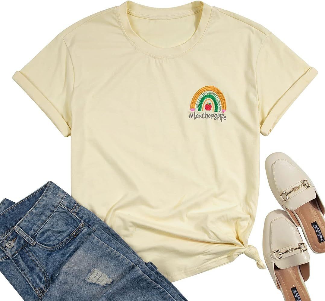 Teacher Life Shirts Women Embroidered Teacher Rainbow Tee Shirt Casual Teacher Appreciation Gift ... | Amazon (US)
