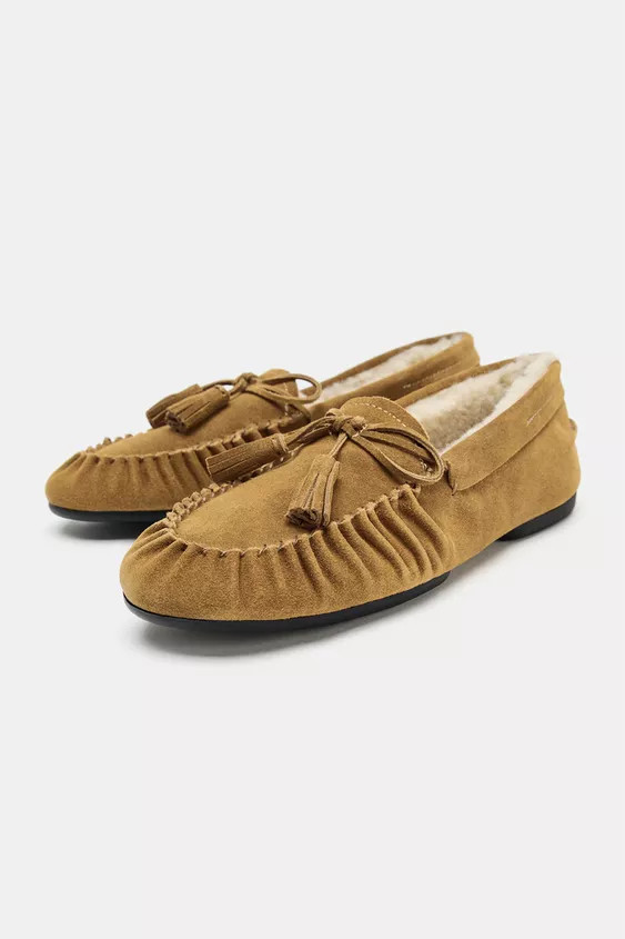 SPLIT SUEDE LOAFERS WITH FAUX SHEARLING | Zara UK