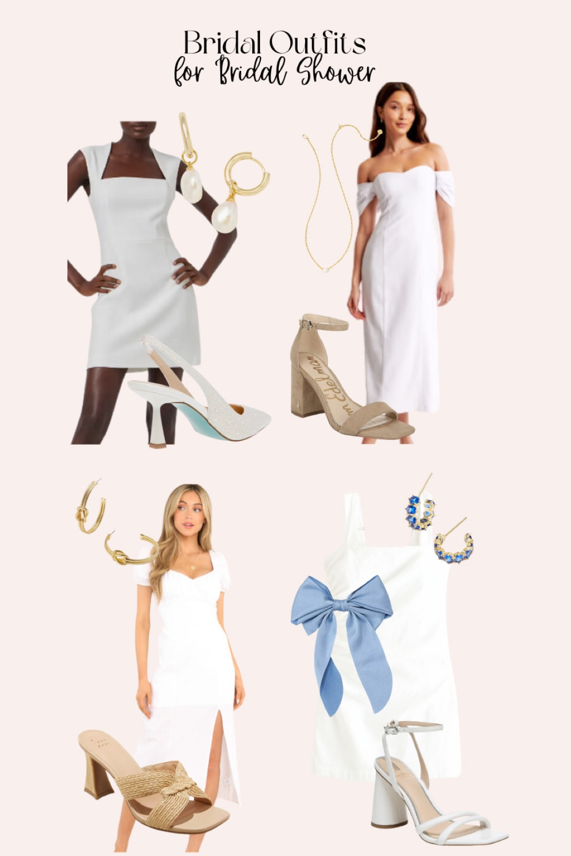 Bridal Shower Outfits. 
Wedding shower dress. bridal shower dress. white dresses. something blue. hair bow. pearl earrings. spring dresses  

#LTKfindsunder100 #LTKwedding #LTKSeasonal