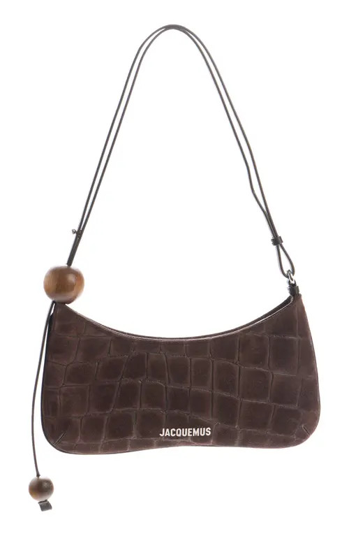 Jacquemus Le Bisou Perle Croc Embossed Suede Shoulder Bag in Dark Brown 880 at Nordstrom | Nordstrom