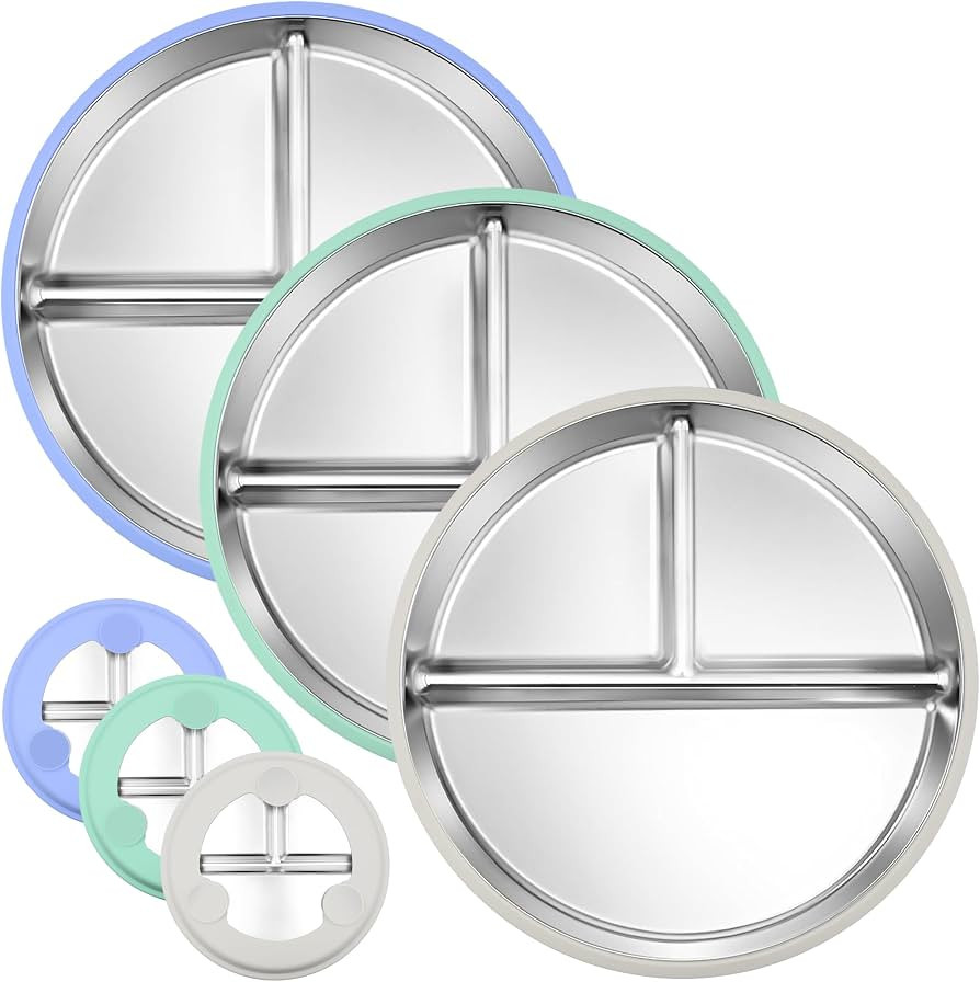 3-Pack Stainless Steel Baby Plates with Suction, BPA-Free Stainless Steel Kids Plates, 9” Divid... | Amazon (US)
