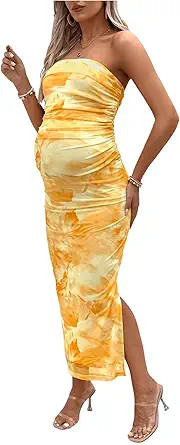 Milumia Women's Maternity Floral Mesh Split Strapless Tube Dress Bodycon Maxi Dresses Baby Shower... | Amazon (US)