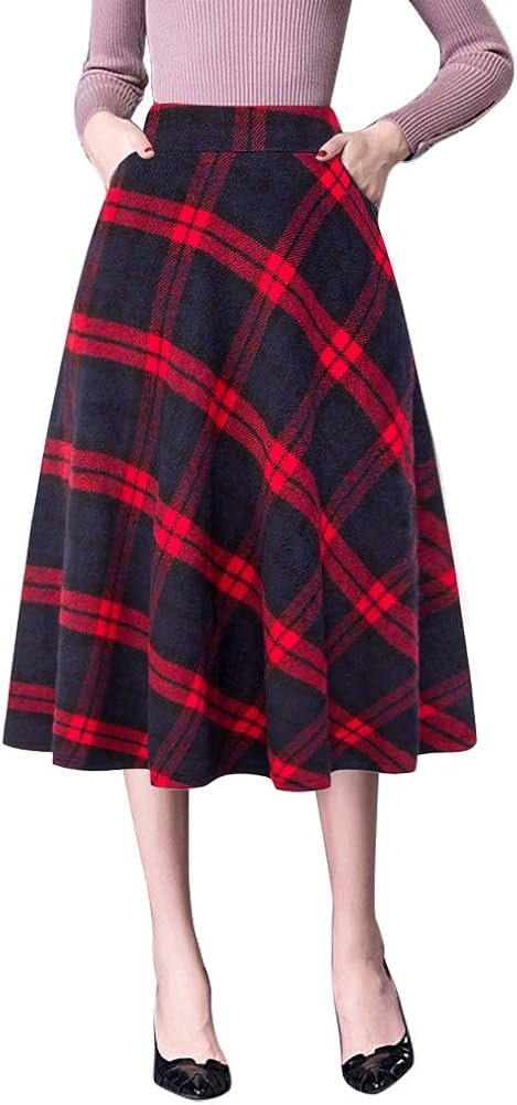 IDEALSANXUN Womens High Elastic Waist Maxi Skirt A-line Plaid Winter Warm Flare Long Skirt | Amazon (US)