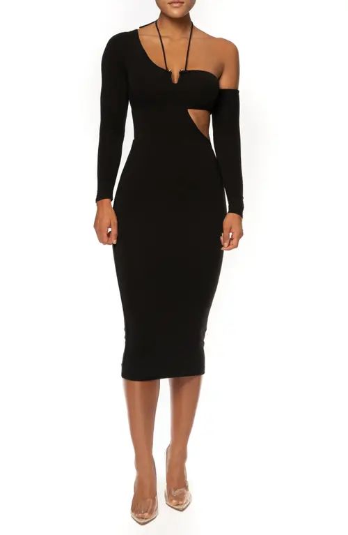 JLUXLABEL Headlines Cutout Long Sleeve Body-Con Midi Dress in Noir at Nordstrom, Size X-Large | Nordstrom