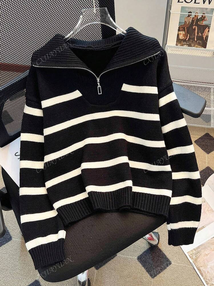 Autumn Winter New Fashion Zipper Women Striped Knit Sweater, Simple And Versatile,Long Sleeve Top... | SHEIN