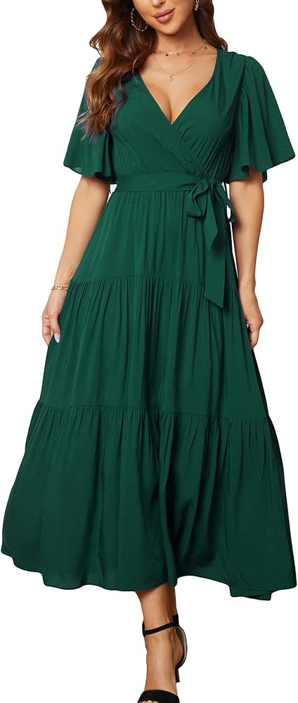 Kormei Womens V Neck Ruffle Short Sleeve Summer Casual A Line Flowy Party Long Maxi Dress | Amazon (US)
