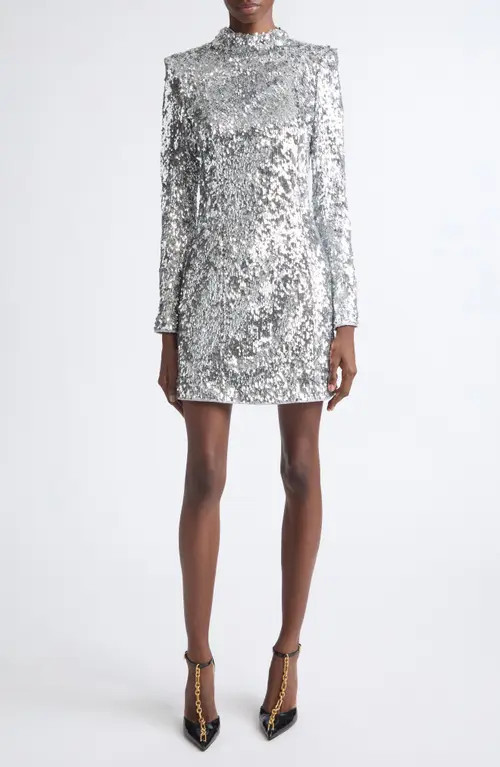 Balmain Long Sleeve Sequin Minidress in 9Fc Silver at Nordstrom, Size 34 | Nordstrom