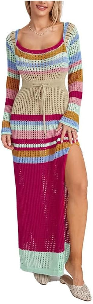 NUFIWI Long Sleeve Striped Crochet Long Dress Cut Out Color Block Knitted Maxi Dresses Elegant Sl... | Amazon (US)